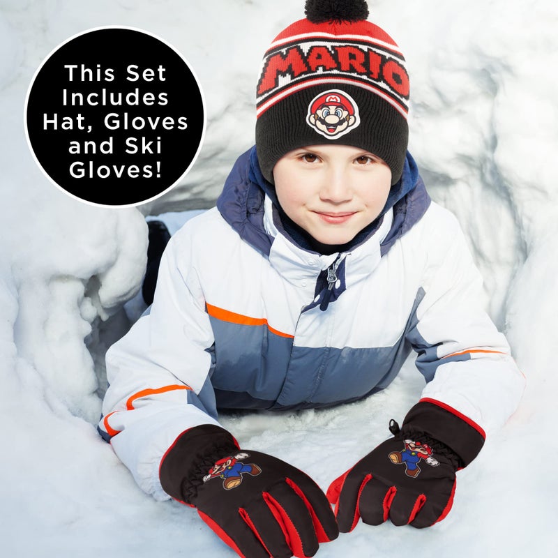 Nintendo Boys Winter Hat with Knit Gloves and Insulated Ski Glove Set, Super Mario For Age 4-7 - Image 2