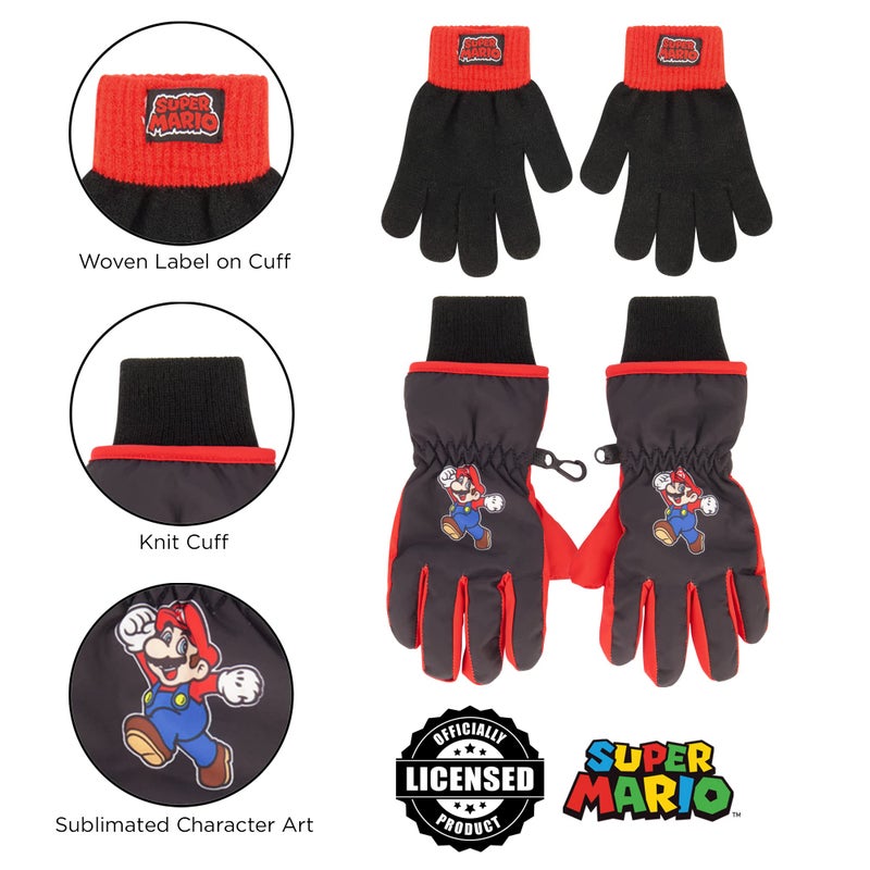 Nintendo Boys Winter Hat with Knit Gloves and Insulated Ski Glove Set, Super Mario For Age 4-7 - Image 5