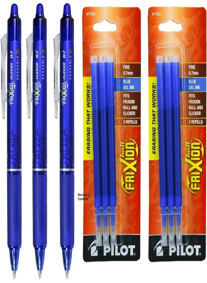 Frixion Clicker Pilot Frixion Clicker Retractable Erasable Blue Gel Ink Pens, Fine Point 0.7mm - 3 Pens with 2 Packs of Refills (Total of 6 Refills) - Image 1