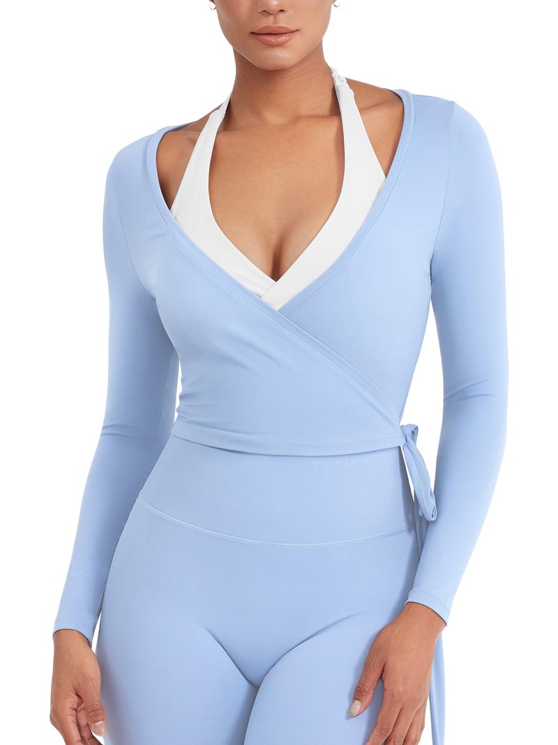 YEOREO Women Pilates Wrap Top Long Sleeve Tie Ballet Workout Yoga Shirt Michelie Y2K V Neck Cropped Tops Airy Blue L - Image 1