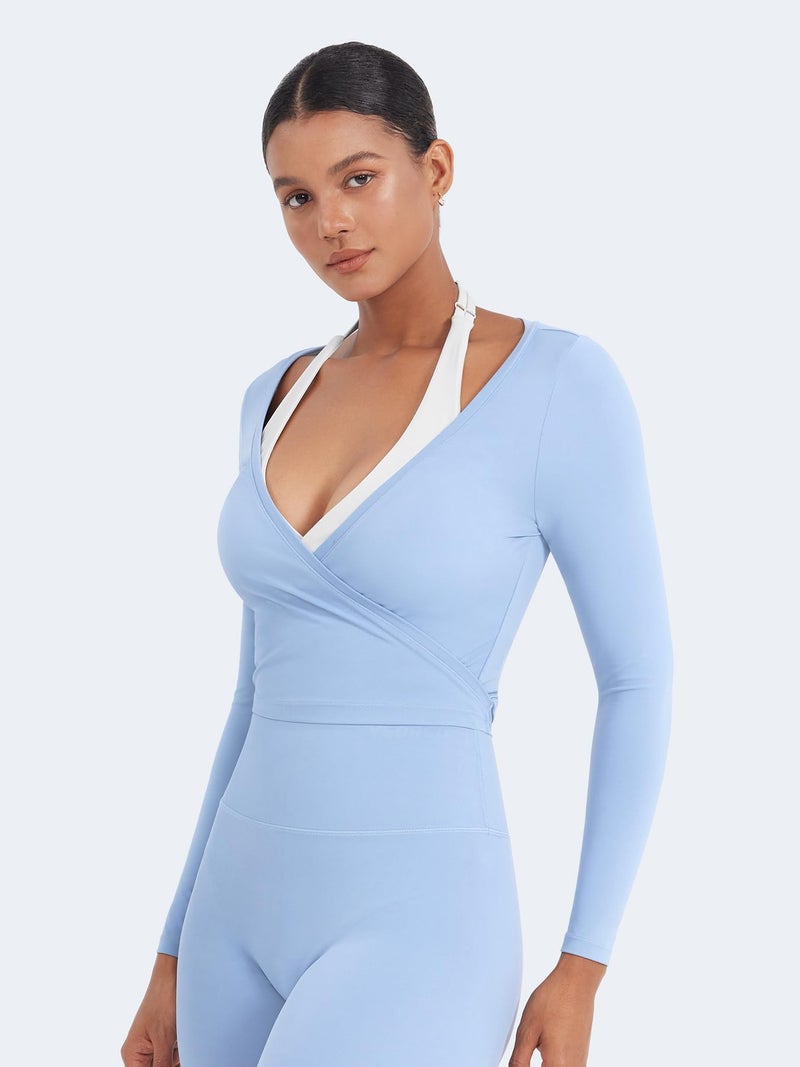 YEOREO Women Pilates Wrap Top Long Sleeve Tie Ballet Workout Yoga Shirt Michelie Y2K V Neck Cropped Tops Airy Blue L - Image 3