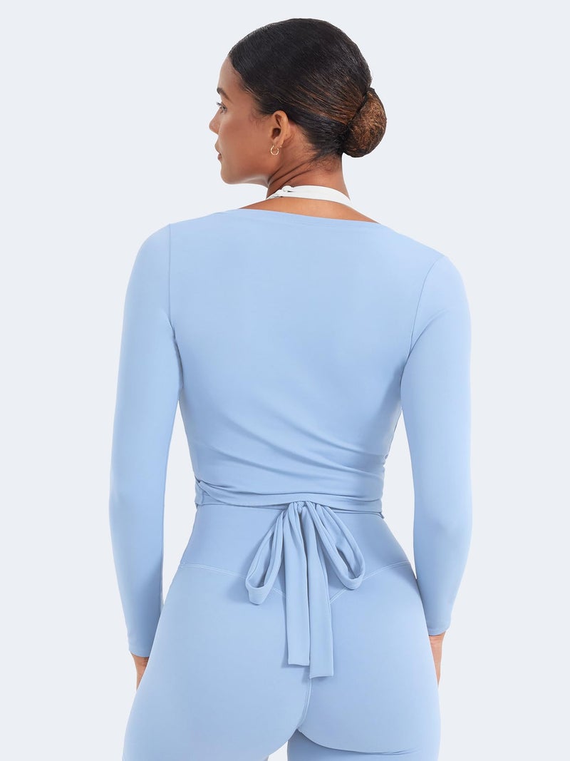 YEOREO Women Pilates Wrap Top Long Sleeve Tie Ballet Workout Yoga Shirt Michelie Y2K V Neck Cropped Tops Airy Blue L - Image 4