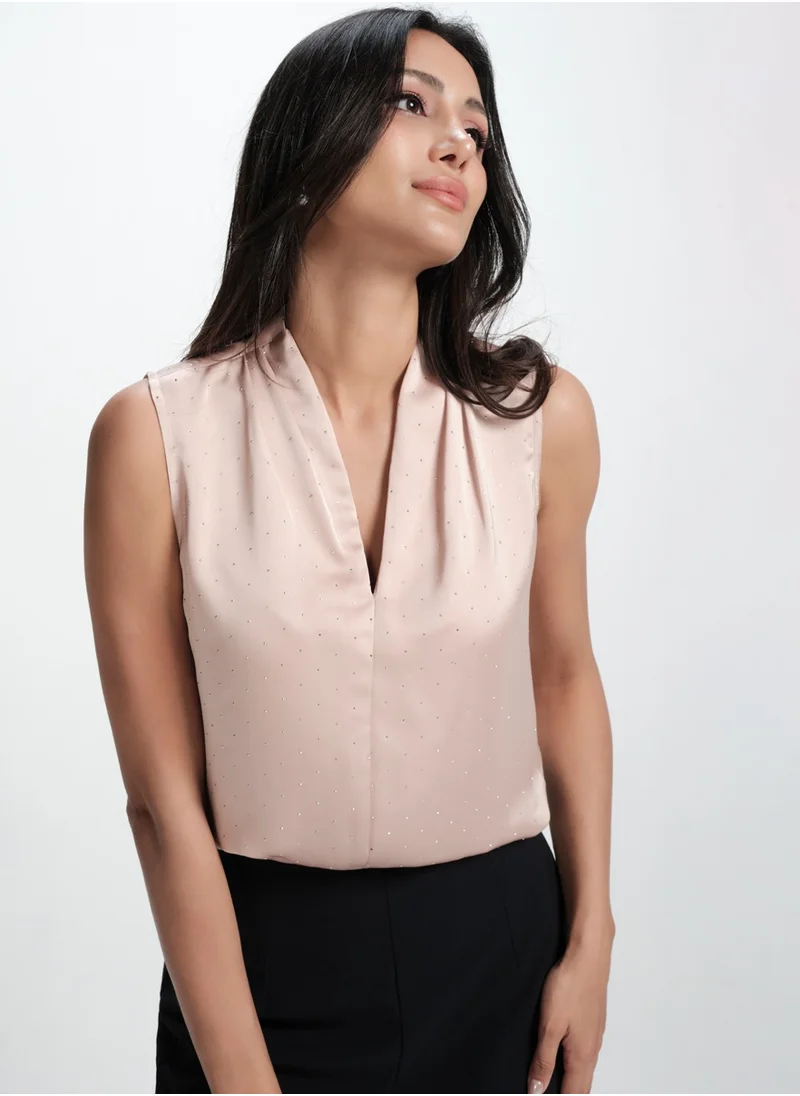 Zigzag Glitter Detailed Vneck With Shoulder Pleated Top