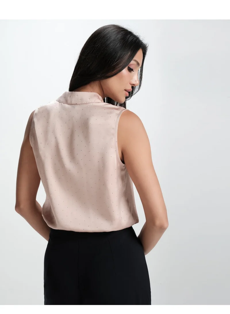 Zigzag Glitter Detailed Vneck With Shoulder Pleated Top