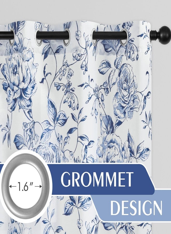 Beauoop Boho Floral Semi Sheer Curtains 84 Inch Length for Living Room Bedroom Farmhouse Botanical Rose Printed Rustic Canvas Panel Drapes Grommet Top Window Treatment, Set of 2, 50 Inch Wide, Blue - Image 2