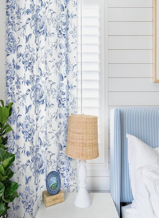 Beauoop Boho Floral Semi Sheer Curtains 84 Inch Length for Living Room Bedroom Farmhouse Botanical Rose Printed Rustic Canvas Panel Drapes Grommet Top Window Treatment, Set of 2, 50 Inch Wide, Blue - Image 3