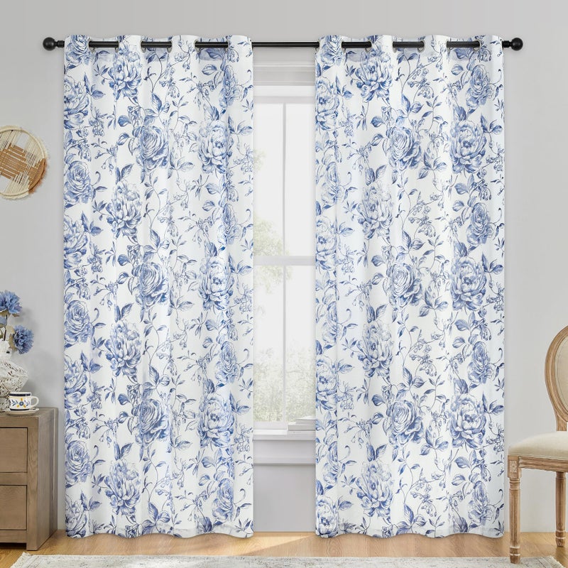 Beauoop Boho Floral Semi Sheer Curtains 84 Inch Length for Living Room Bedroom Farmhouse Botanical Rose Printed Rustic Canvas Panel Drapes Grommet Top Window Treatment, Set of 2, 50 Inch Wide, Blue - Image 1