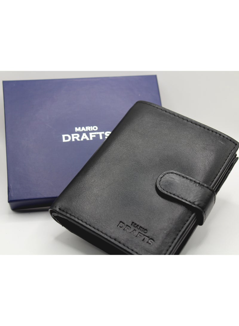 MARIO DRAFTS Men's Genuine Leather Bi Fold Button Wallet, Black - Image 2