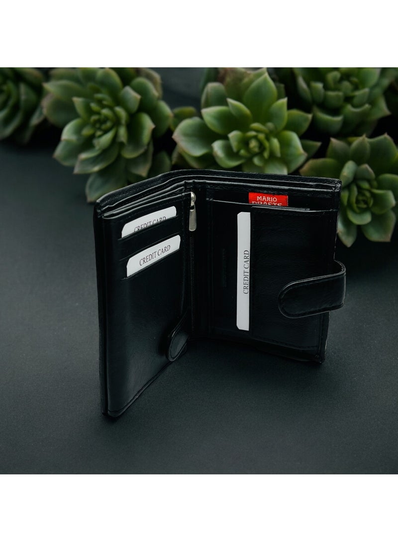 MARIO DRAFTS Men's Genuine Leather Bi Fold Button Wallet, Black - Image 3