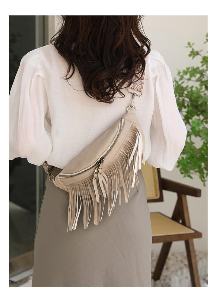 Zikra Crossbody Bags for Women, Upgrade Sling Bag Leather Belt Bag Fashion Waist Packs Chest Bag Studded Tassel  Bag(Beige) - Image 2