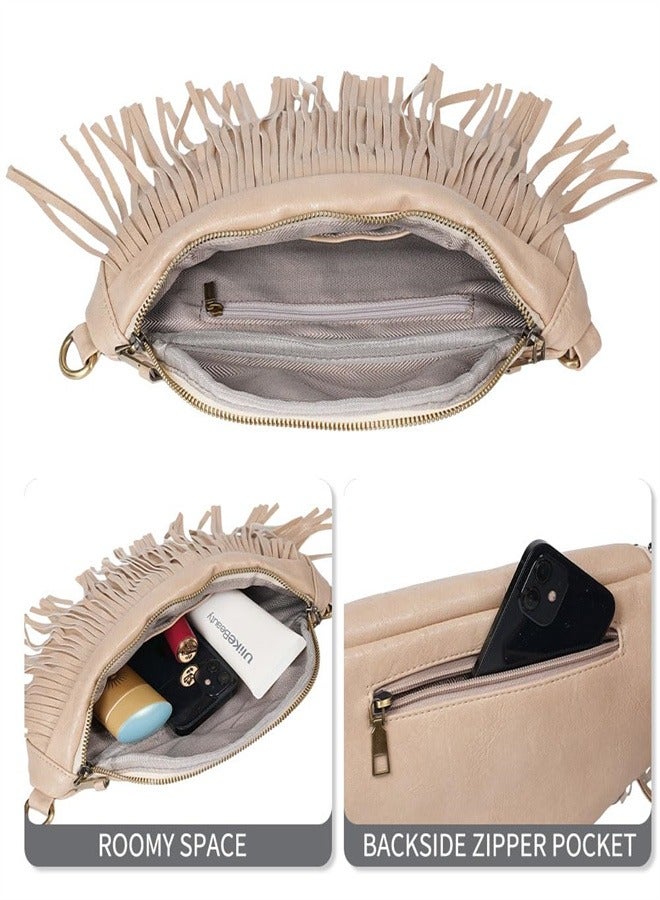 Zikra Crossbody Bags for Women, Upgrade Sling Bag Leather Belt Bag Fashion Waist Packs Chest Bag Studded Tassel  Bag(Beige) - Image 4