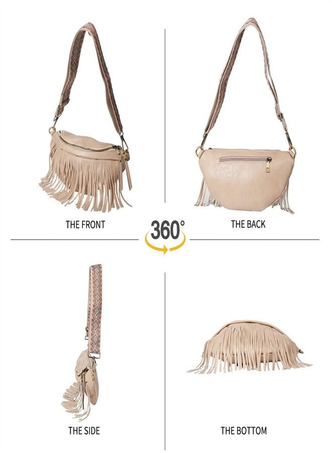 Zikra Crossbody Bags for Women, Upgrade Sling Bag Leather Belt Bag Fashion Waist Packs Chest Bag Studded Tassel  Bag(Beige) - Image 3