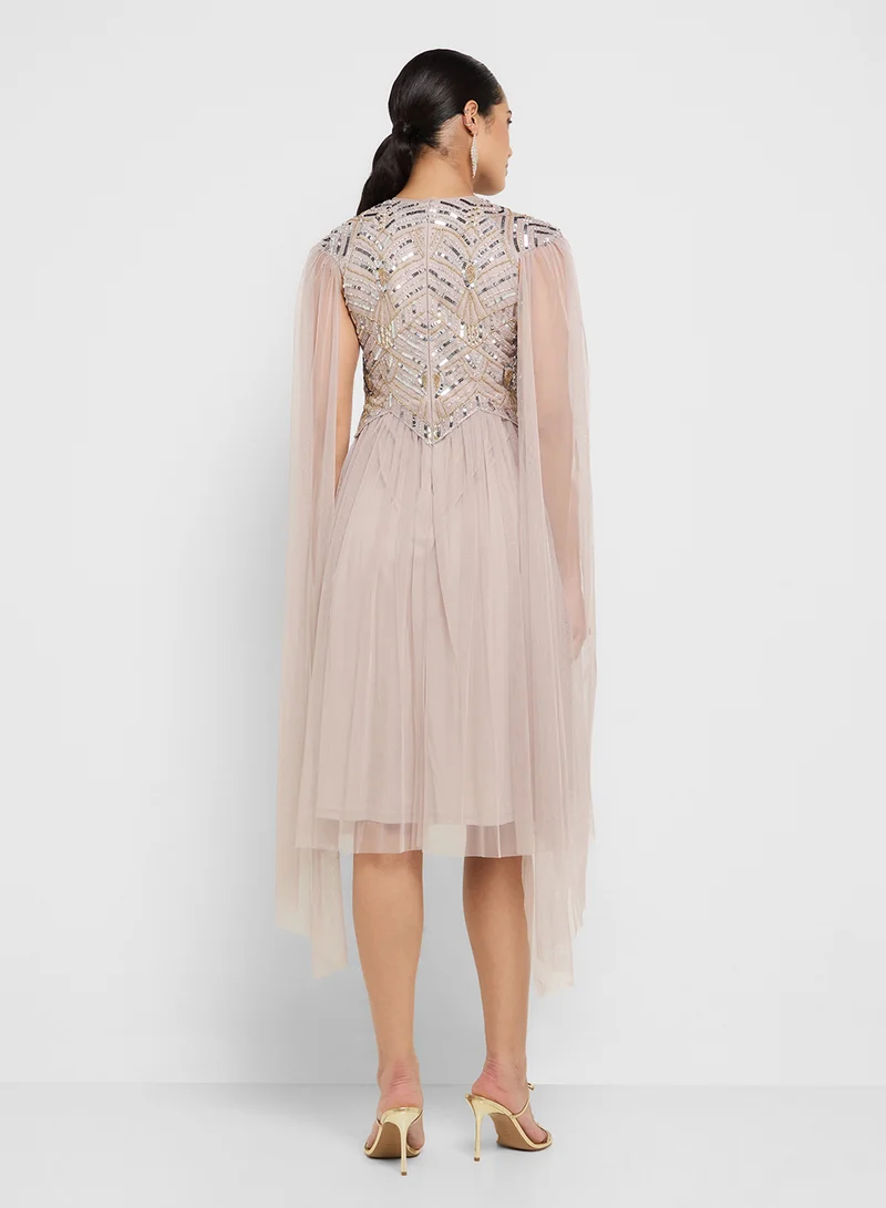 Amelia Rose Embellished Cape Sleeve Midi Dress