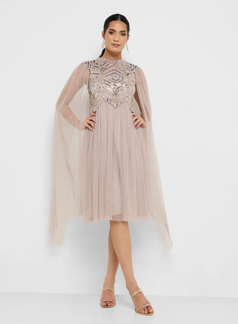 Amelia Rose Embellished Cape Sleeve Midi Dress