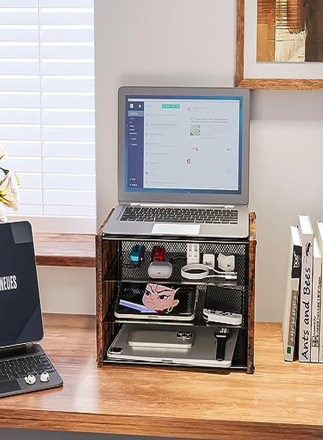 DAOUTIME 3-Tier Paper Letter Tray, Wooden Desk File Organizer, Stackable Metal Mesh Desk Organizer for Office Supplies. Small Paper Trays for Home Office School, Rustic Brown - Image 4