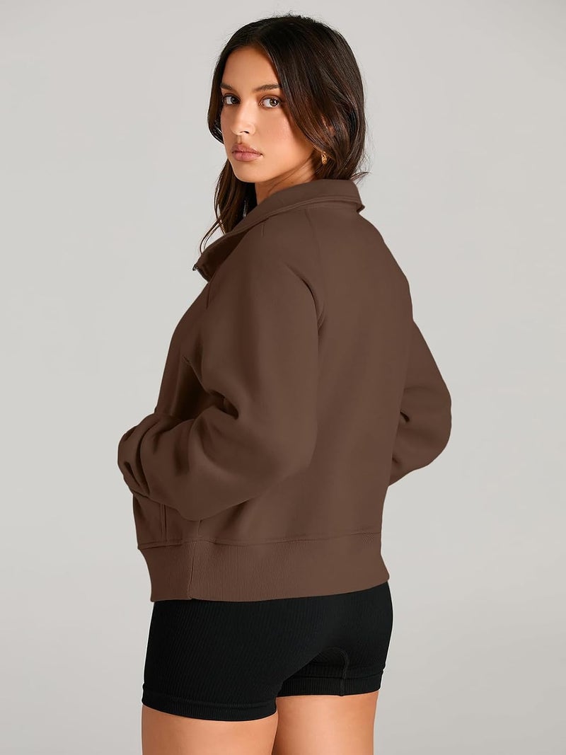 AUTOMET Women's Half Zip Cropped Pullover Fleece Hoodie with Thumb Holes - Brown - Image 5