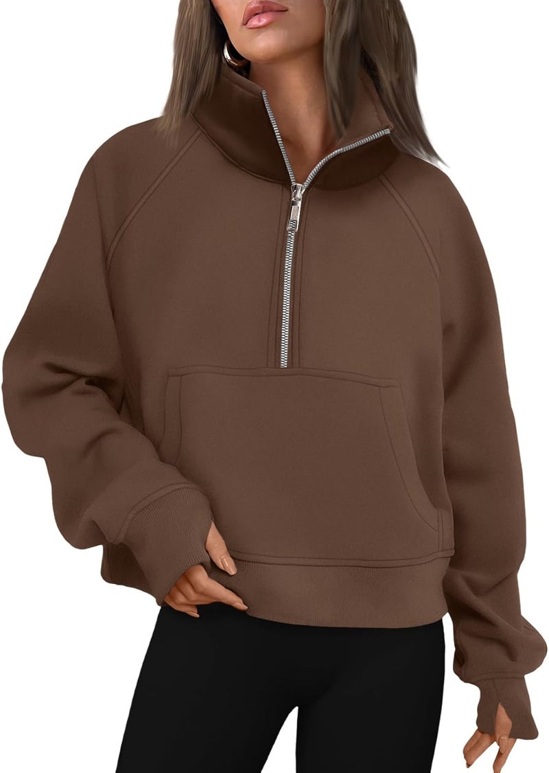 AUTOMET Women's Half Zip Cropped Pullover Fleece Hoodie with Thumb Holes - Brown - Image 1