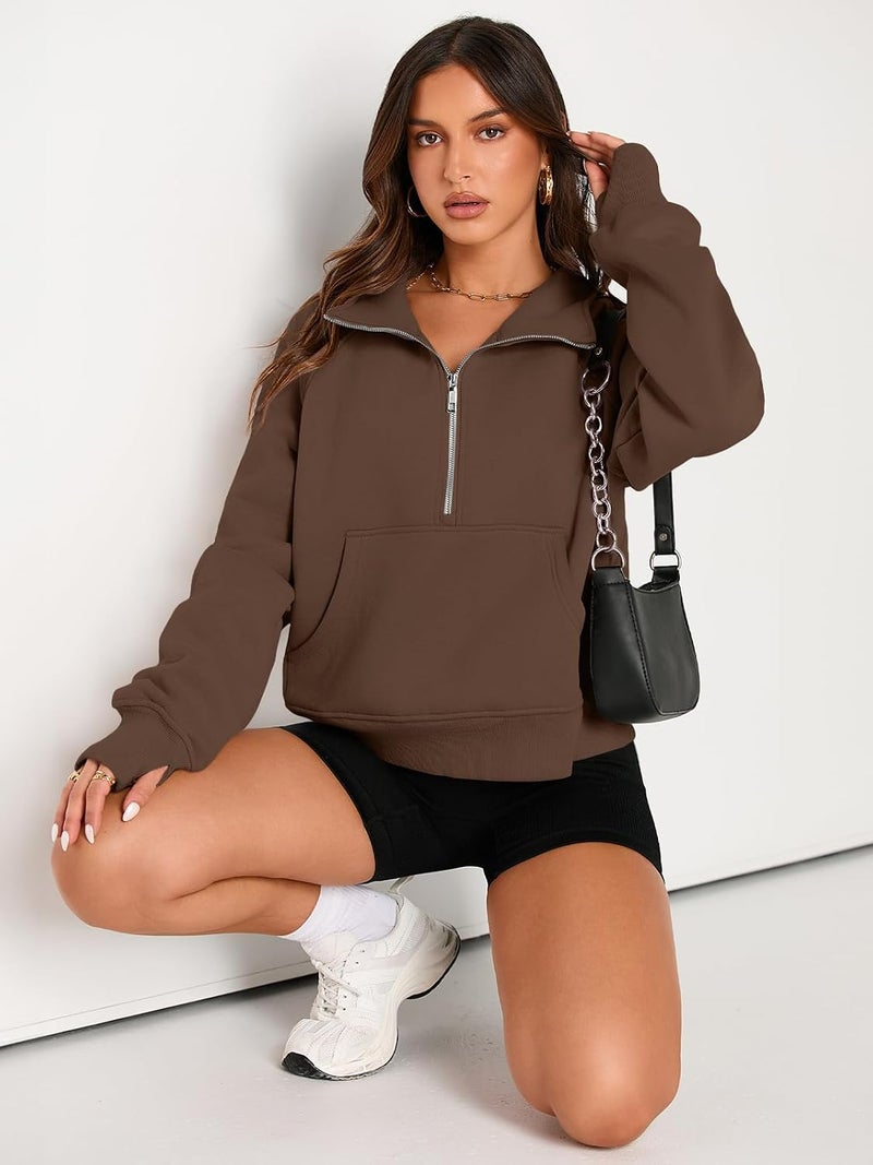 AUTOMET Women's Half Zip Cropped Pullover Fleece Hoodie with Thumb Holes - Brown - Image 4