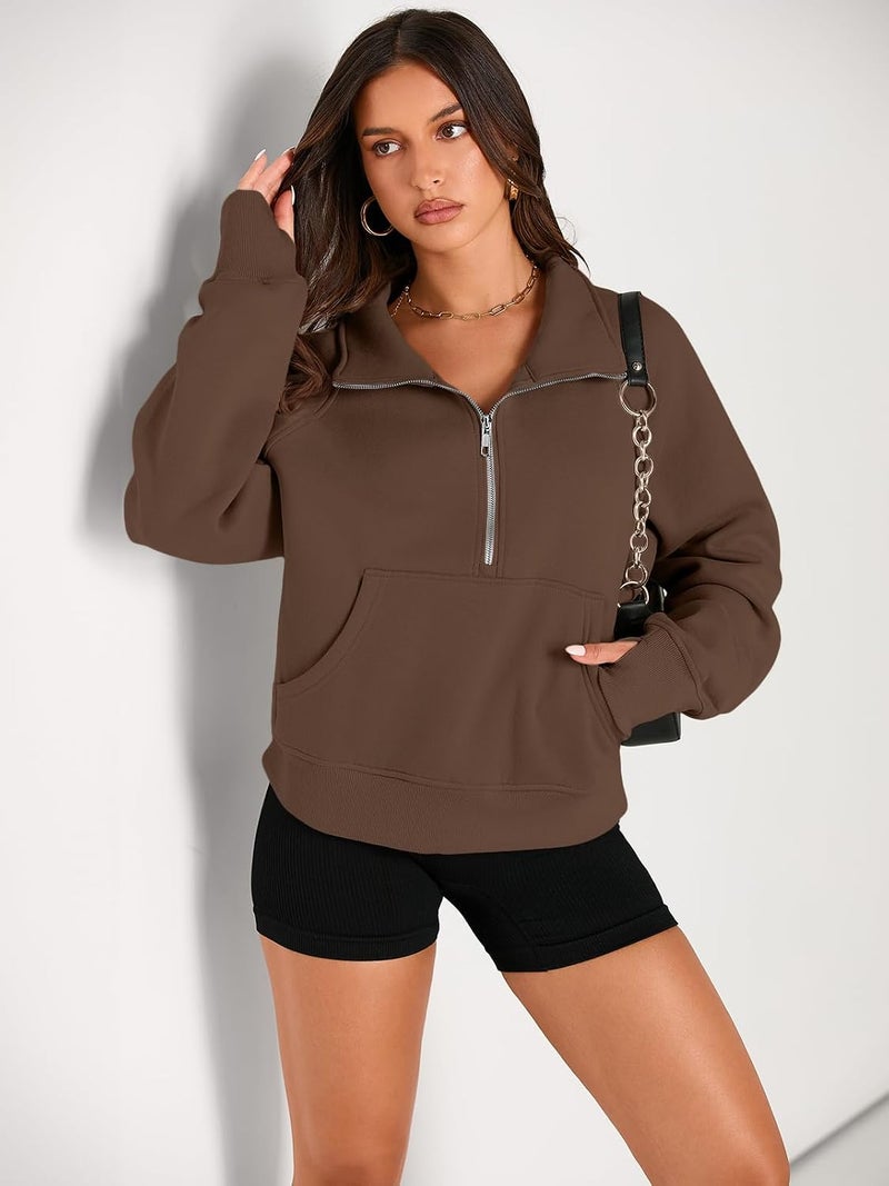 AUTOMET Women's Half Zip Cropped Pullover Fleece Hoodie with Thumb Holes - Brown - Image 2