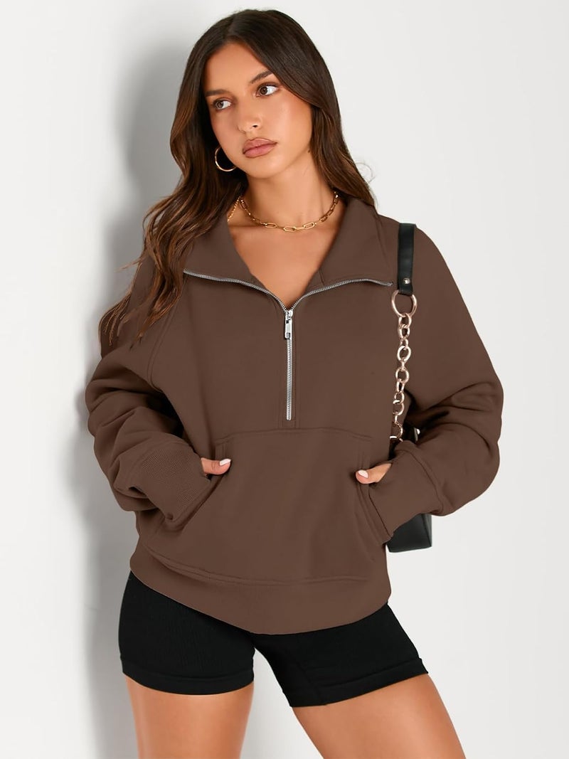 AUTOMET Women's Half Zip Cropped Pullover Fleece Hoodie with Thumb Holes - Brown - Image 3