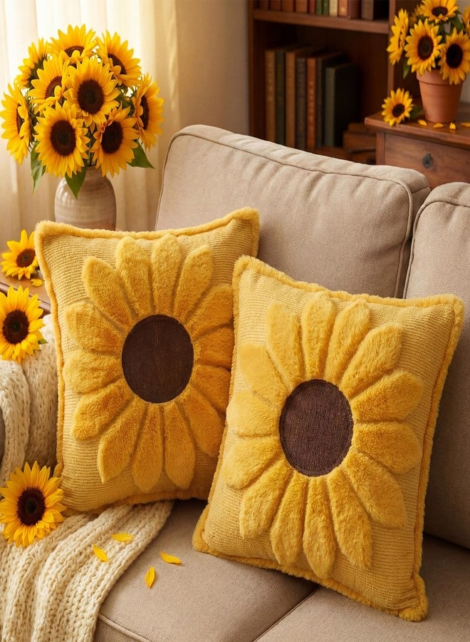 Gilprop Set of 2 Yellow Sunflower Pillow Covers 18x18 Embroidered Spring Summer Floral Pillow Covers Room Decor Decorative Cute Faux Fur Soft Flower Farmhouse Decor for Bed Couch Dormitories - Image 1