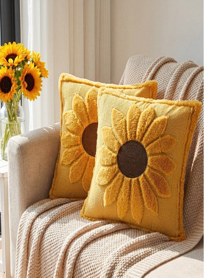 Gilprop Set of 2 Yellow Sunflower Pillow Covers 18x18 Embroidered Spring Summer Floral Pillow Covers Room Decor Decorative Cute Faux Fur Soft Flower Farmhouse Decor for Bed Couch Dormitories - Image 4