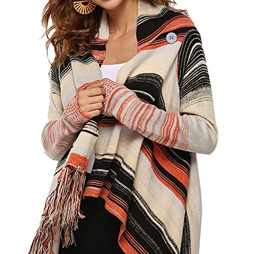GOLDSTITCH Women's Open Front Knited Loose Crew Neck Fringe Sweater Outwear Beige M - Image 4