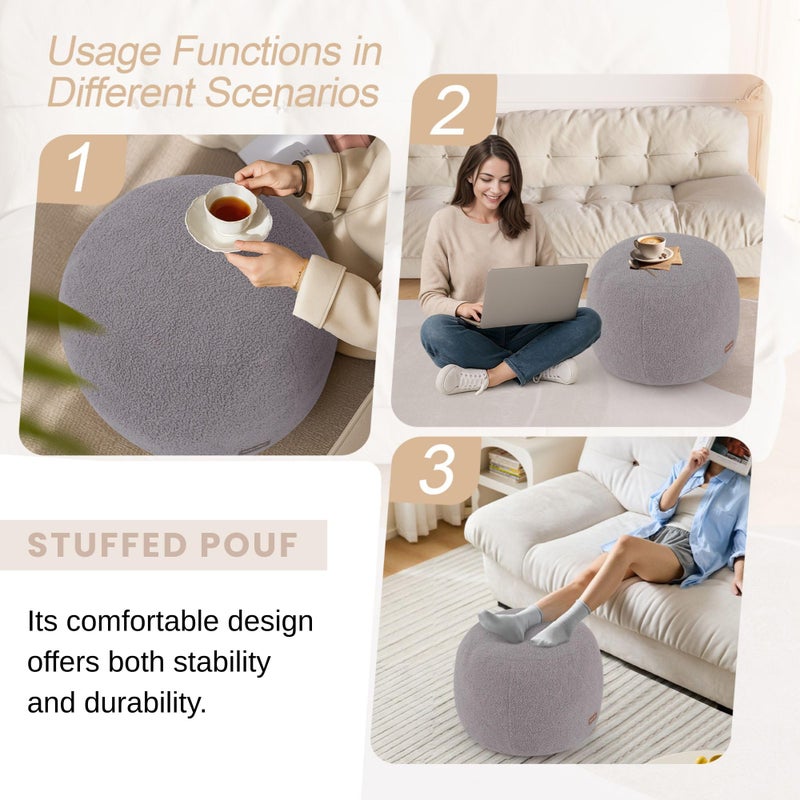 MeMoreCool Stuffed Round Pouf Ottoman Foot Rest, Floor Pouf Foot Stool with Soft Foam Chunk Filling, Small Round Ottoman Footstool Circle Footrest for Living Room, Light Grey - Image 4