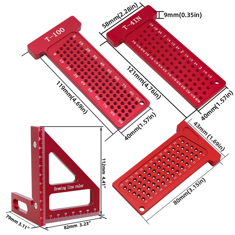 3D woodworking square protractor and T-shaped square hole marking ruler kit, high-precision aluminum layout measurement tool for woodworking, essential tool kit for metric and imperial woodworking - Image 4