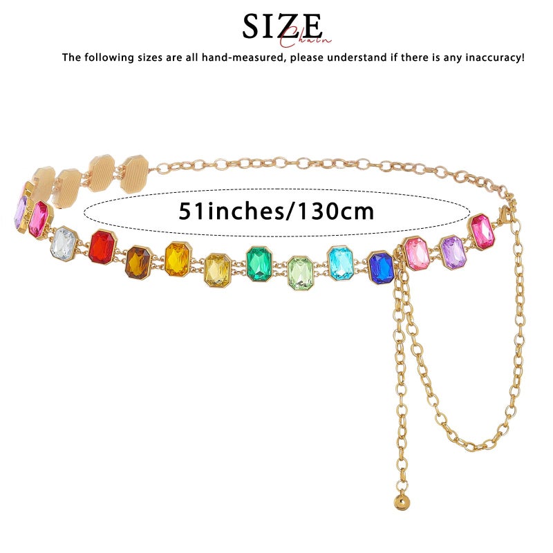 ELABEST Colorful Rhinestone Chain Belt Rainbow Gem Waist Belt Statement Diamond Waist Chains for Women (Gold) - Image 3