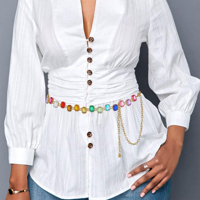 ELABEST Colorful Rhinestone Chain Belt Rainbow Gem Waist Belt Statement Diamond Waist Chains for Women (Gold) - Image 4