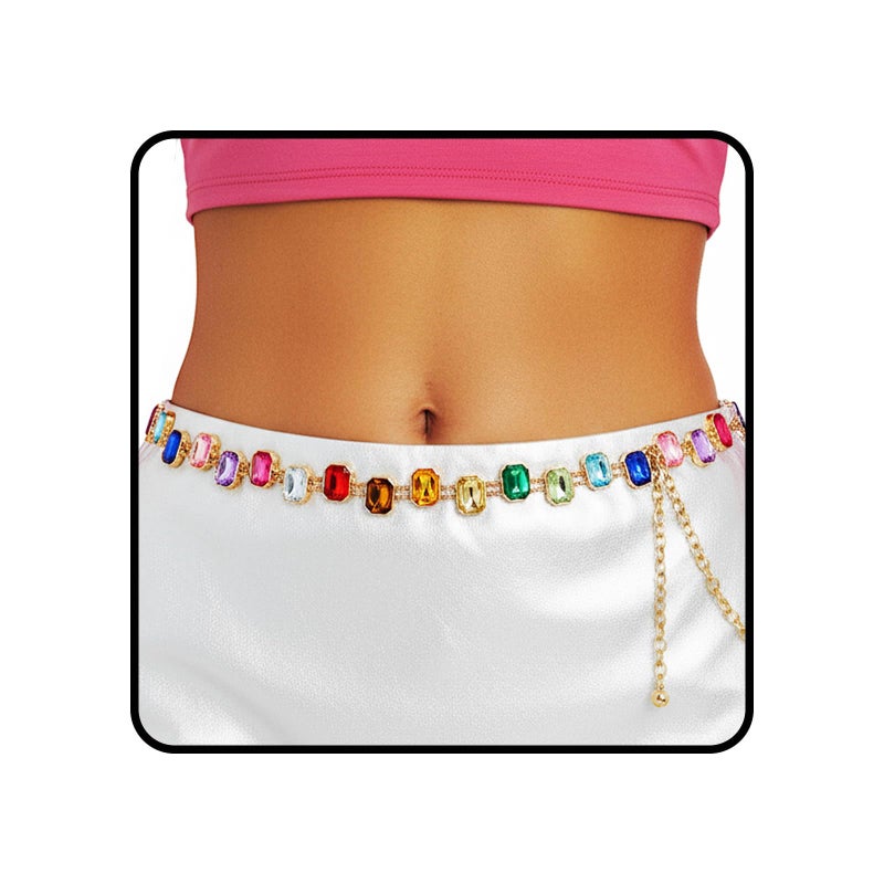 ELABEST Colorful Rhinestone Chain Belt Rainbow Gem Waist Belt Statement Diamond Waist Chains for Women (Gold) - Image 1