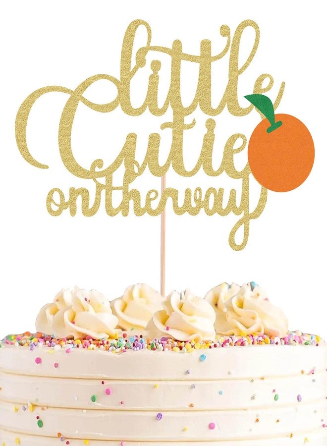 AHAORAY Little Cutie is on the Way Cake Topper - Gold Glitter Little Cutie Baby Shower Decorations, Birthday Party Supplies Photo Booth Props - Image 1