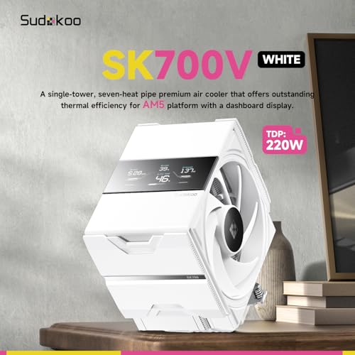 Sudokoo SK700V White AM5 CPU Cooler: 7 Heatpipes CPU Air Cooler with Digital Display for AM5 Exclusive - Single Tower PC Cooling with 120mm FDB PWM Quiet Fan & L-Rail Lock Mount - Image 2