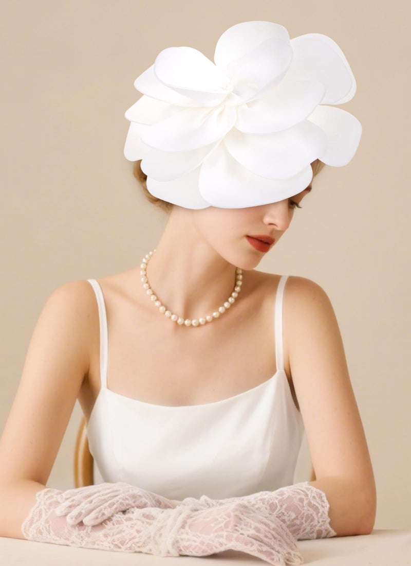 Zinniday White Large Flower Fascinators - 2026 Elegant Bridal Wedding Fascinator Hats Rose Cocktail Headpiece 1920s 50s Floral Tea Party Hat for Women Prom Halloween Renaissance Accessories - Image 3