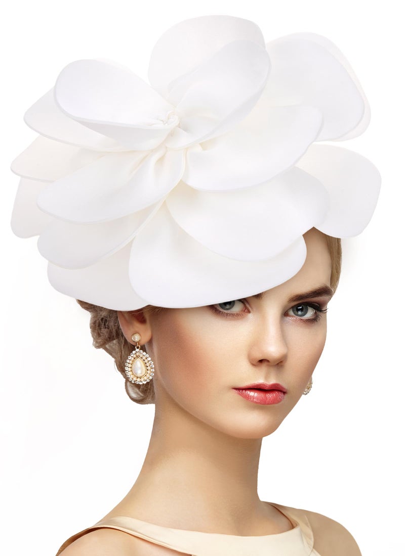 Zinniday White Large Flower Fascinators - 2026 Elegant Bridal Wedding Fascinator Hats Rose Cocktail Headpiece 1920s 50s Floral Tea Party Hat for Women Prom Halloween Renaissance Accessories - Image 1