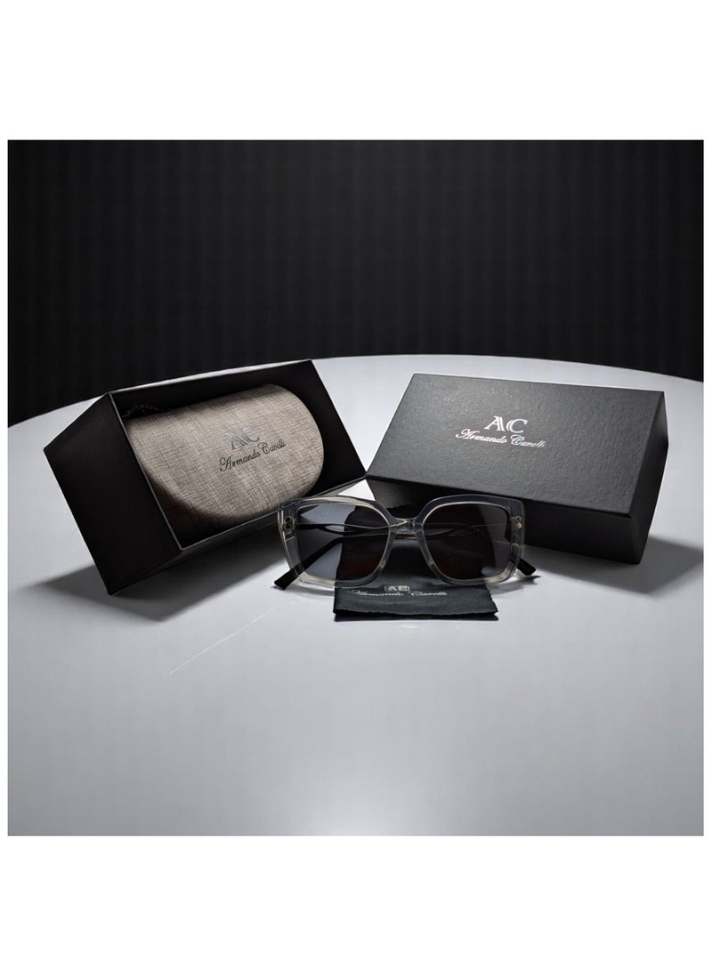 Armando Cavelli - Authentic Armando Cavelli sunglasses, crafted from carefully selected premium acetate for a luxurious look and longevity with extensive use. This model combines modernity and classic style, with a raw light grey transparent acetate front and silver -plated metal temples to complete your luxury look. Comes with premium polymer lenses offer UV400 protection in a grey. - Image 1