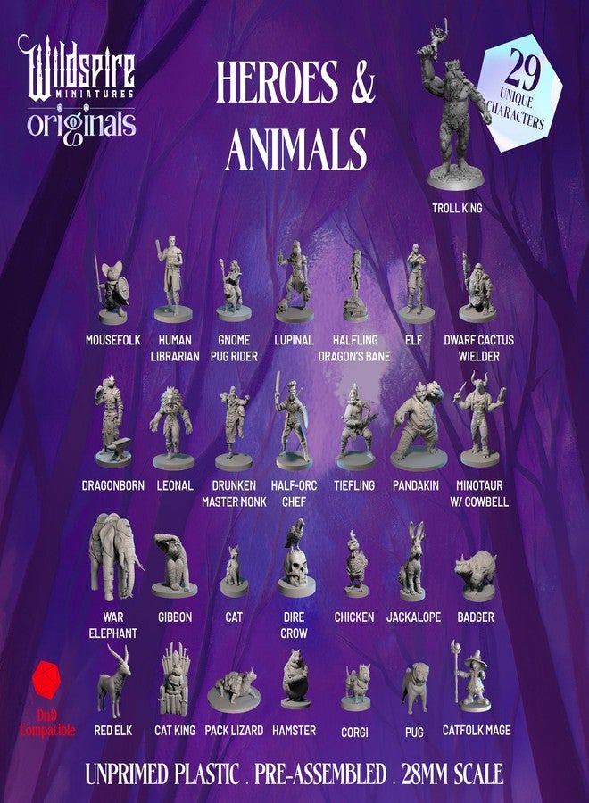 Wildspire Heroes, NPC Animal Companions & Troll King for DND Miniatures Bulk 28mm-32mm Unpainted Paintable Dungeons and Dragons Minis Pathfinder Figures for Fantasy Tabletop Roleplaying Games like DD - Image 2