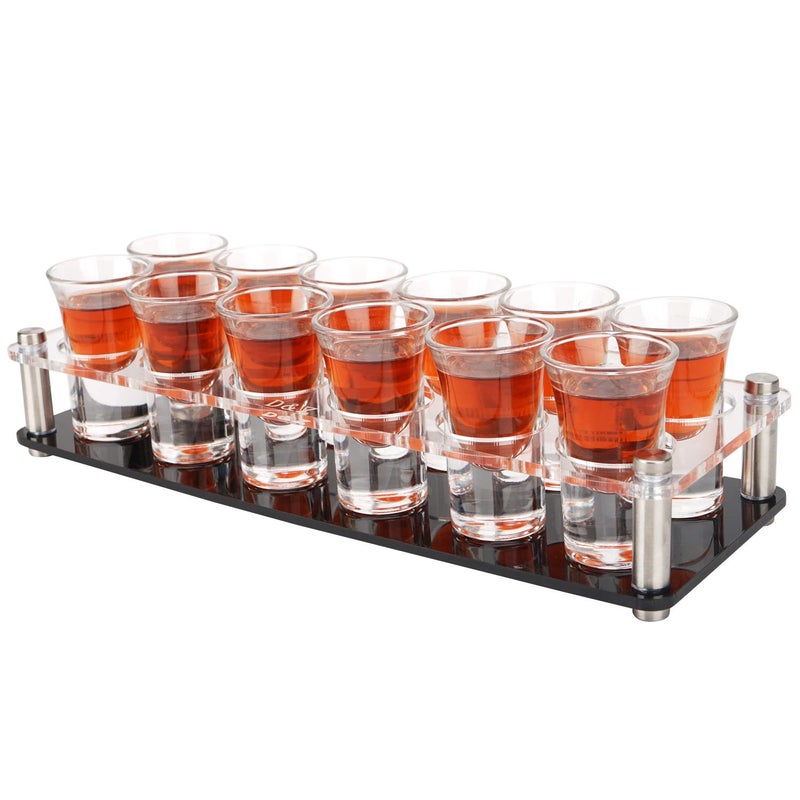 DZ 1 Ounce Shot Glass Set with Tray 12 Shot Glasses for TequilaVodkaWhiskeyCocktail Unique and Convenient Serving Tray  Easily Organize More Attractive Gatherings Ideal 21st Birthday Gifts