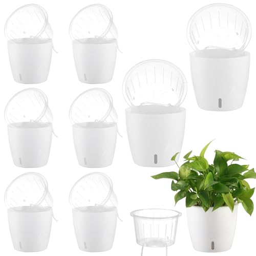 KvyusFlourish Self-Watering Pots for Indoor Plants, 8-Pack 6.7'' Self Watering Planter with Drainage Holes, Small African Violet Pots with Water Indicator, Clear Wick Pot, White - Image 1