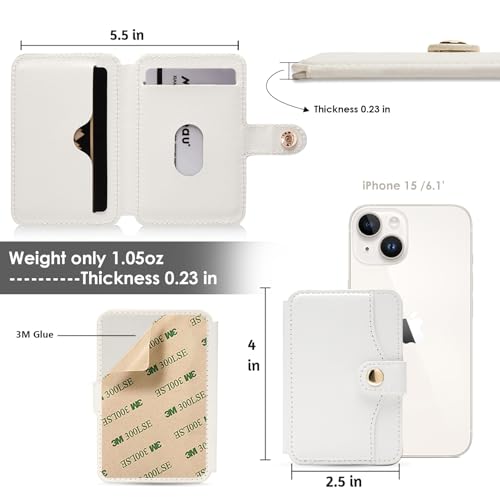 M-Plateau Phone Wallet Stick On, Small Card Holder for Phone Case with Snap Closure and Leather Phone Card Holder for Most Smartphones (White) - Image 2