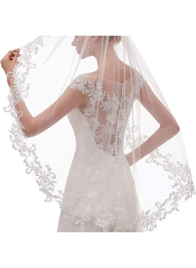 Women's Lace Wedding Bridal Veil With Comb Veil for Bridal,90cm Ivory White  - Image 3