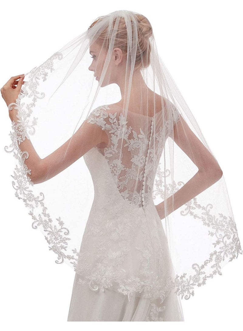Women's Lace Wedding Bridal Veil With Comb Veil for Bridal,90cm Ivory White  - Image 2