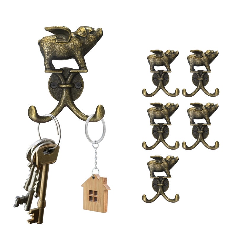 KOXHERO Cute Flying Pig Decorative Wall Double Hook for Hanging Coat Keys Hats Towel Small Vintage Zinc Alloy MultiPurpose Hook for Farmhouse Bathroom Kitchen Kids Room Bronze 6Pcs