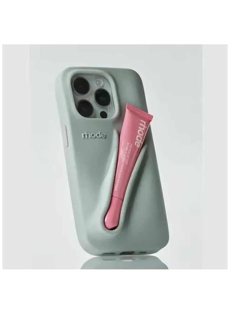 rhode Lip Gloss Phone Case with Lip Tint, For iPhone Case Liquid Silicone Camera Protection Lipstick Lip Glaze Phone Case for iPhone 16 Pro (Grey) - Image 1
