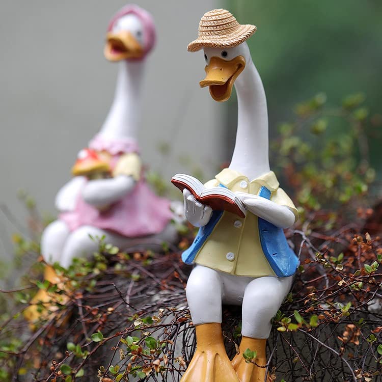 JARPSIRY 2 Pcs Sitting Couple Duck Garden Statues Outdoor Fence Decor Cute Resin Ducks Figurine Funny Goose Lovers Sculpture for Home Office Patio Lawn Yard Ornaments - Image 4