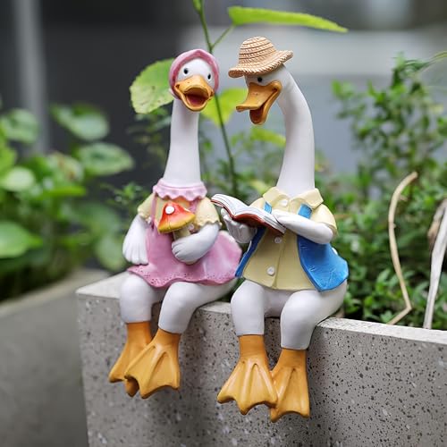 JARPSIRY 2 Pcs Sitting Couple Duck Garden Statues Outdoor Fence Decor Cute Resin Ducks Figurine Funny Goose Lovers Sculpture for Home Office Patio Lawn Yard Ornaments - Image 1