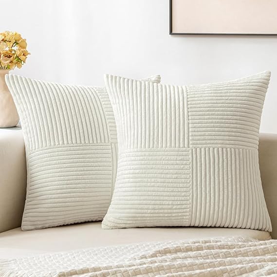 Guffaw Corduroy Pillow Covers Boho Decorative Spliced Throw Pillow Covers Soft Solid Couch Pillowcases Cross Patchwork Cushion Covers for Living Room Bed Sofa 16x16 inch (2, White) - Image 5