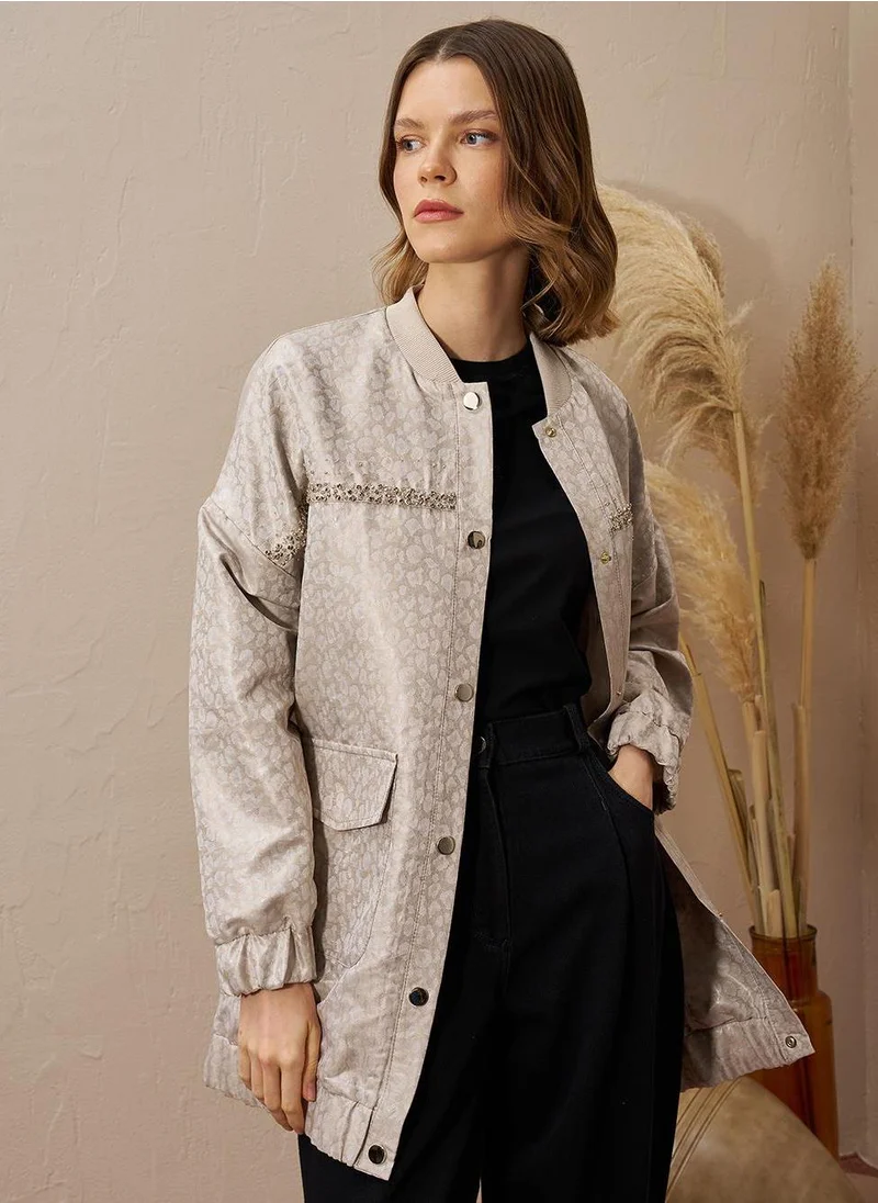 Kayra Stone Embellished Jacquard Jacket Stone