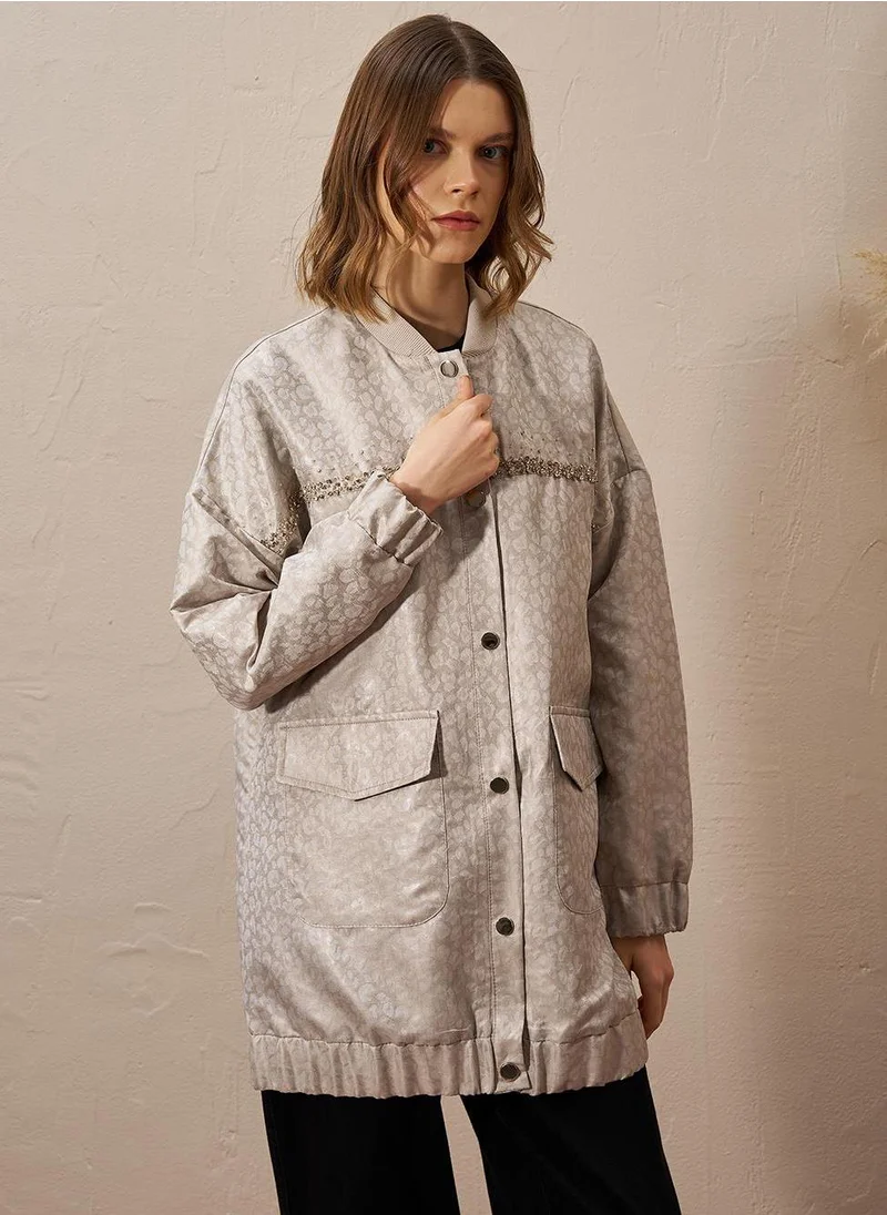 Kayra Stone Embellished Jacquard Jacket Stone